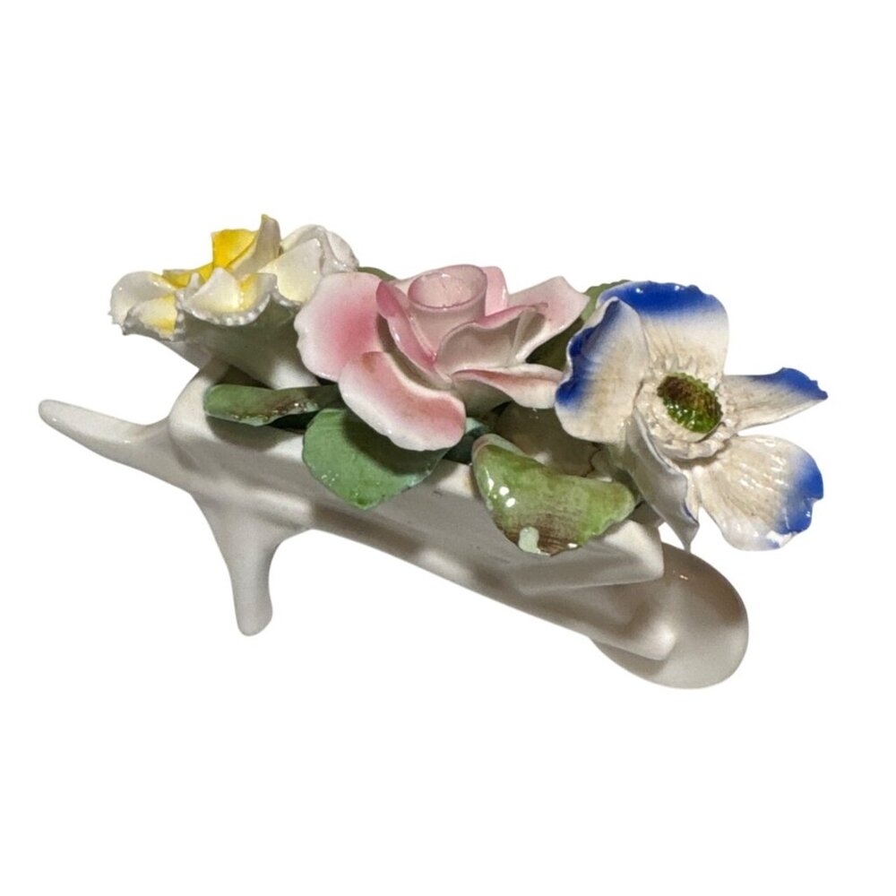 Vintage Royal Stafford Bone China Wheelbarrow w\ Yellow Blue Pink Flower Bouquet